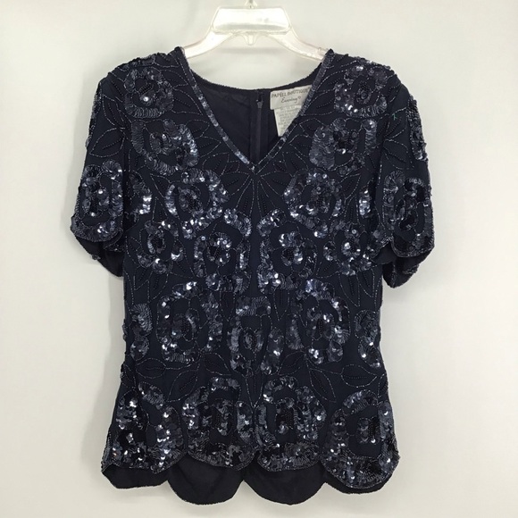 PAPELL Evening 100% Silk Sequin & Beaded Scalloped Hem Cocktail Party Top Size M - Picture 1 of 6